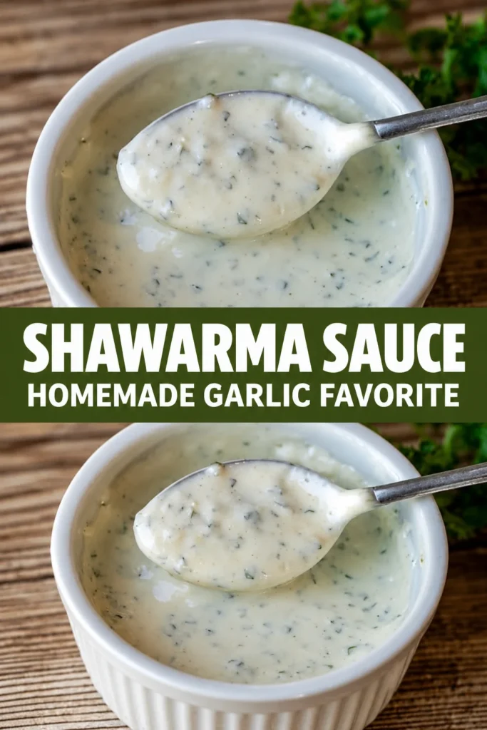 A bowl of finished homemade Shawarma Sauce on a warm neutral surface with a simple serving spoon beside it.