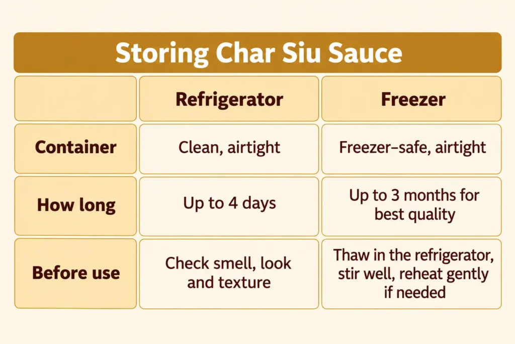 Comparison table of refrigerator versus freezer storage for homemade char siu sauce