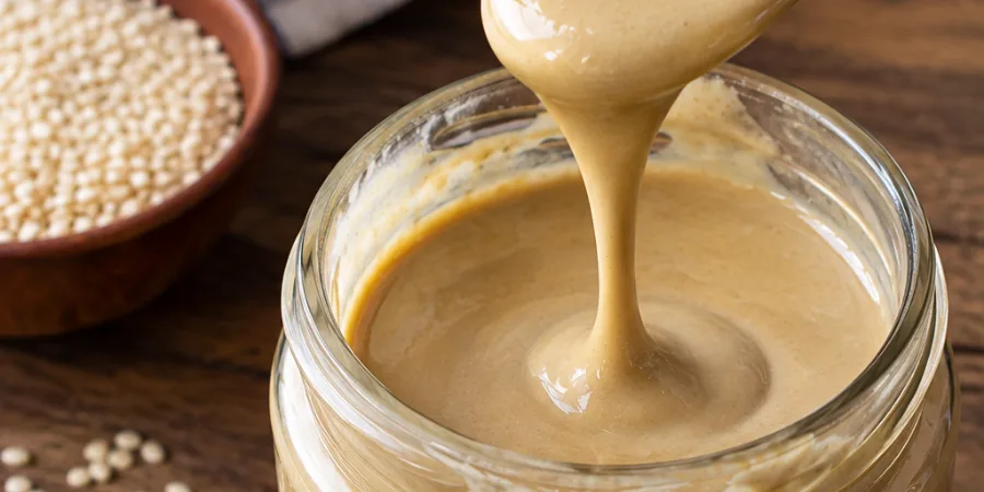 Smooth tahini paste dripping from a spoon into a glass jar with sesame seeds beside it