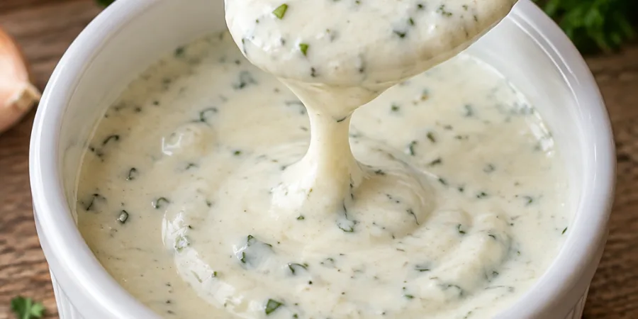 Thick creamy shawarma sauce with parsley flecks lifted on a spoon from a white bowl