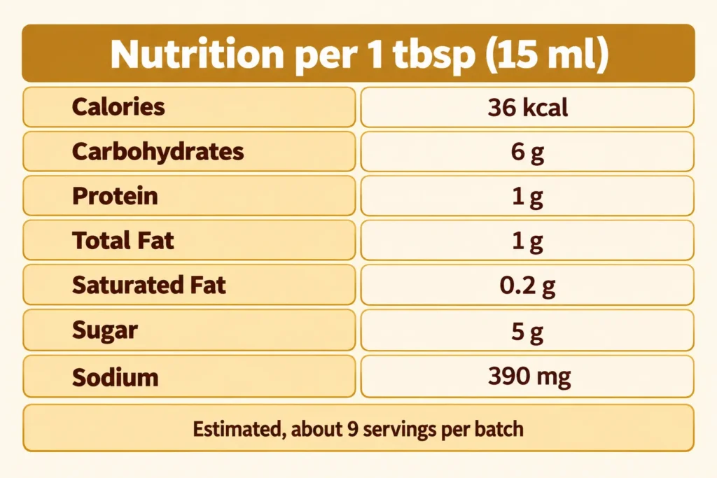 Estimated nutrition facts per 1 tablespoon of char siu sauce: 36 calories, 6 g carbohydrates, 1 g protein, 5 g sugar, 390 mg sodium