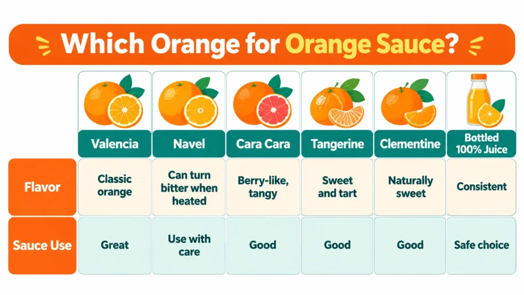 Comparison table of orange varieties for orange sauce: Valencia, navel, Cara Cara, tangerine, clementine and bottled juice