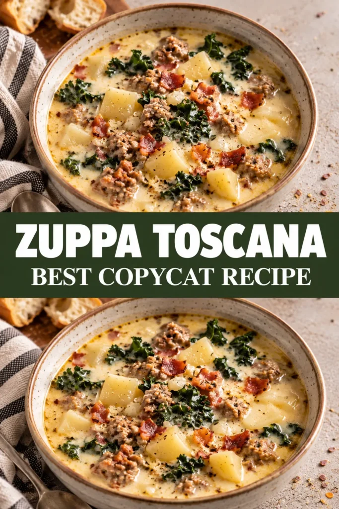 A bowl of creamy Zuppa Toscana served on a warm neutral surface, with browned sausage, tender potatoes, and kale visible in the soup. The finished soup is presented in a simple home setting as a homemade recipe.