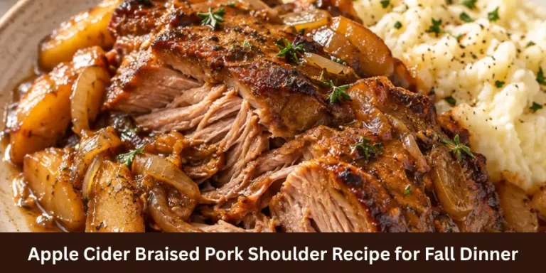 Apple Cider Braised Pork Shoulder served with creamy mashed potatoes in a simple finished dinner setting.