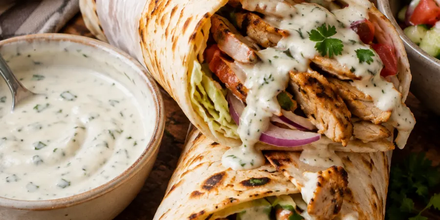 Chicken shawarma wraps drizzled with creamy shawarma sauce served with pita bread, rice and a side salad