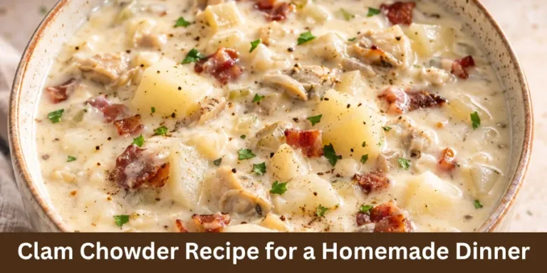 A bowl of homemade clam chowder served on a warm neutral table with a simple serving spoon in a natural home setting, presented as a finished recipe for a homemade meal.