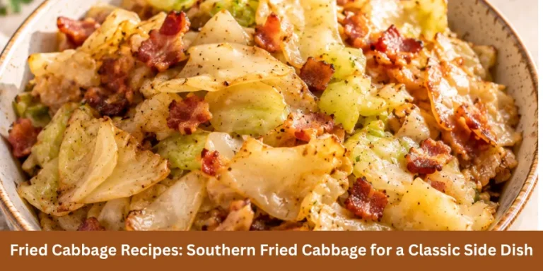 Fried cabbage recipes idea showing Southern Fried Cabbage in a simple dish on a warm kitchen surface, with naturally cooked cabbage pieces, soft folds and subtle moisture.