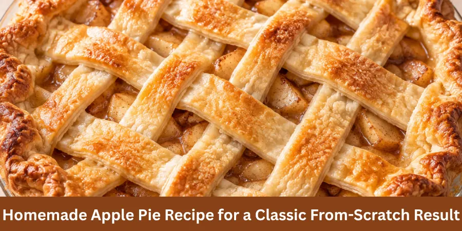 A whole homemade apple pie with a golden baked crust on a warm neutral surface, with the complete pie clearly visible and a slice placed as a secondary detail. The image presents a classic finished apple pie for home baking inspiration.
