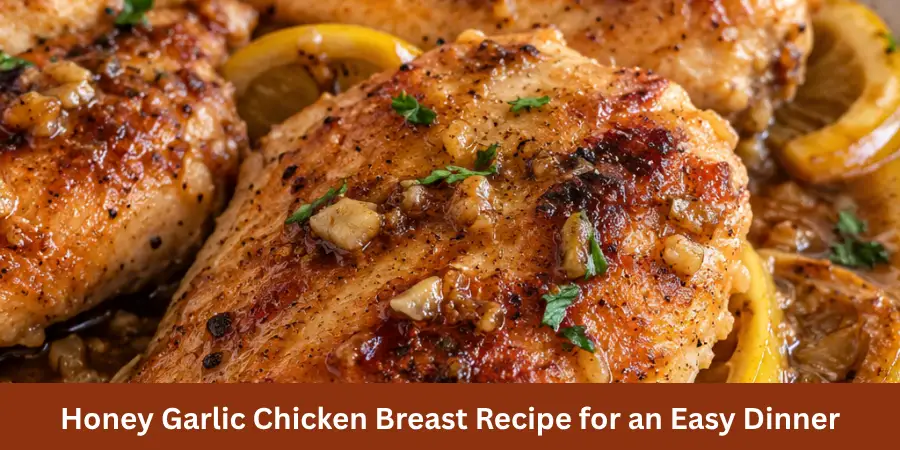 A polished plate of Honey Garlic Chicken Breast with several intact pieces coated in a light glossy glaze, presented on a neutral surface with a simple fork and napkin in a clean home dining setting.