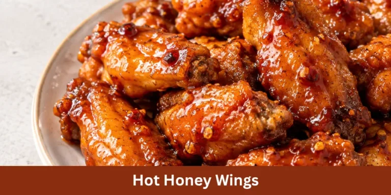 A plated serving of Hot Honey Wings with a glossy sweet-spicy coating, arranged neatly on a simple plate with a clean neutral kitchen setting in the background. The image presents the finished wings as a complete homemade recipe.