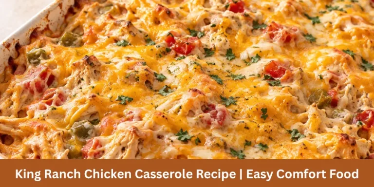 King Ranch Chicken Casserole baked in a casserole dish on a simple food-photography surface, shown from a moderately elevated three-quarter view with a naturally browned top and melted cheese.