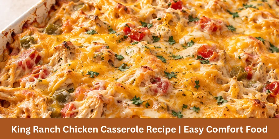 King Ranch Chicken Casserole baked in a casserole dish on a simple food-photography surface, shown from a moderately elevated three-quarter view with a naturally browned top and melted cheese.