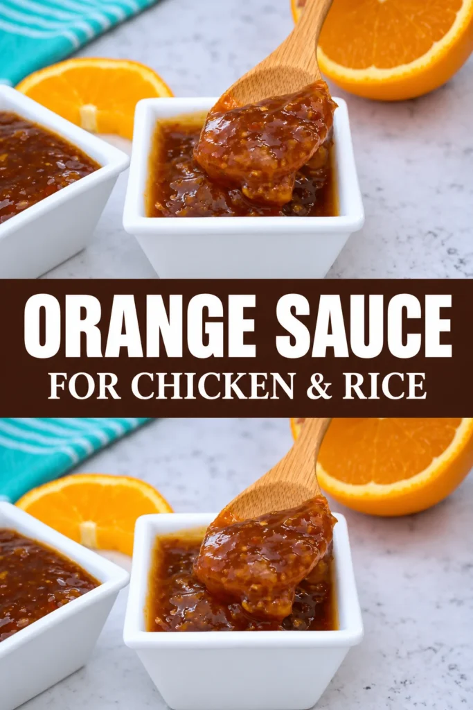Homemade orange sauce in a white square bowl with a wooden spoon lifting thick, glossy sauce