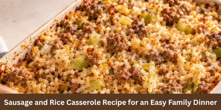 A finished sausage and rice casserole in a baking dish with browned sausage and tender rice, presented on a dining table with a simple serving utensil in a warm home setting.