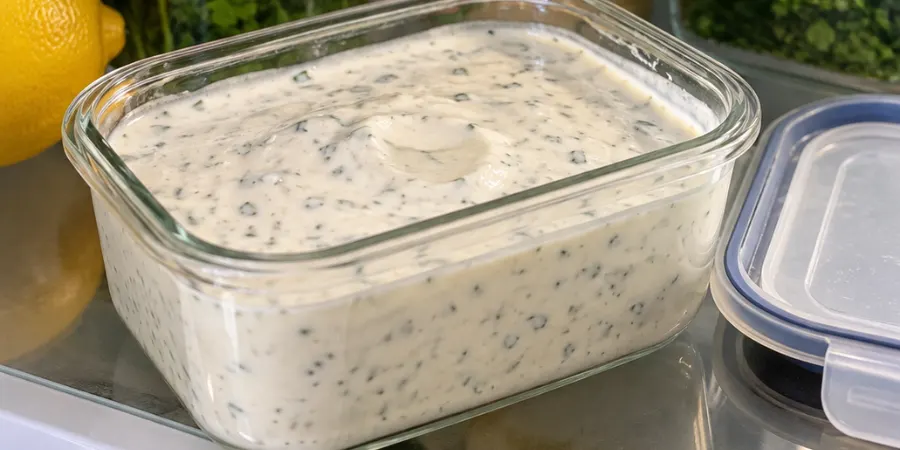 Shawarma sauce stored in a glass airtight container on a refrigerator shelf