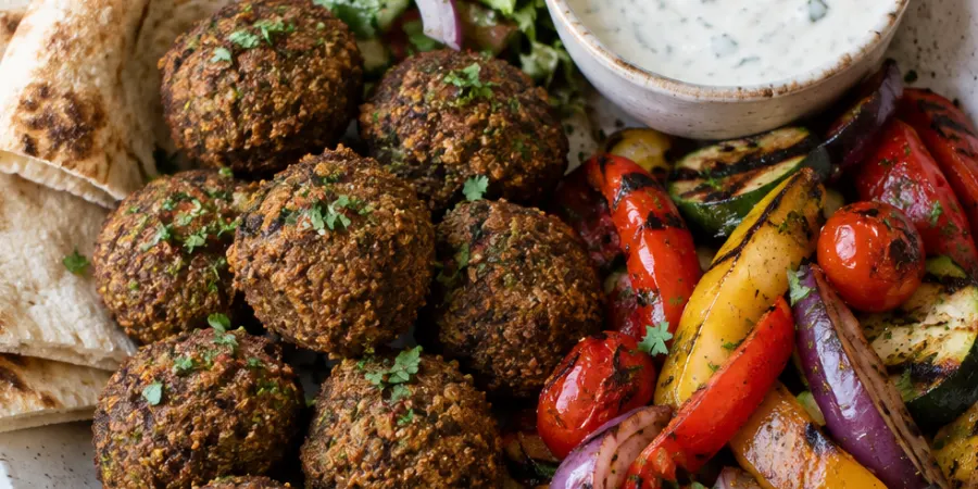 Falafel, grilled vegetables and pita served with a bowl of creamy shawarma sauce for dipping