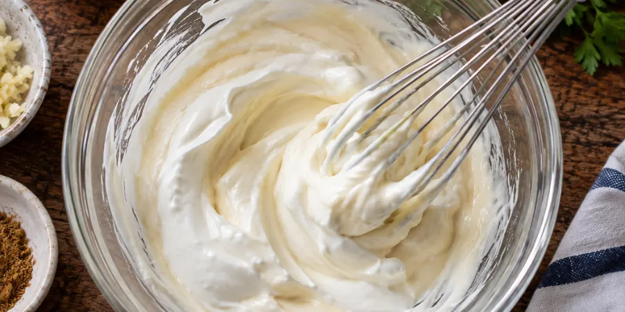Whisking Greek yogurt and mayonnaise in a glass bowl until smooth and creamy