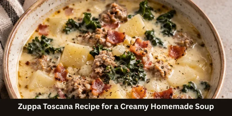 A bowl of creamy Zuppa Toscana served on a warm neutral surface, with browned sausage, tender potatoes, and kale visible in the soup. The finished soup is presented in a simple home setting as a homemade recipe.